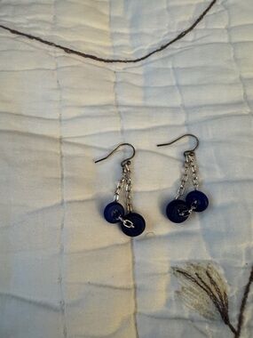 Handmade Silver Chain Drop Earrings with Navy Blue Discs